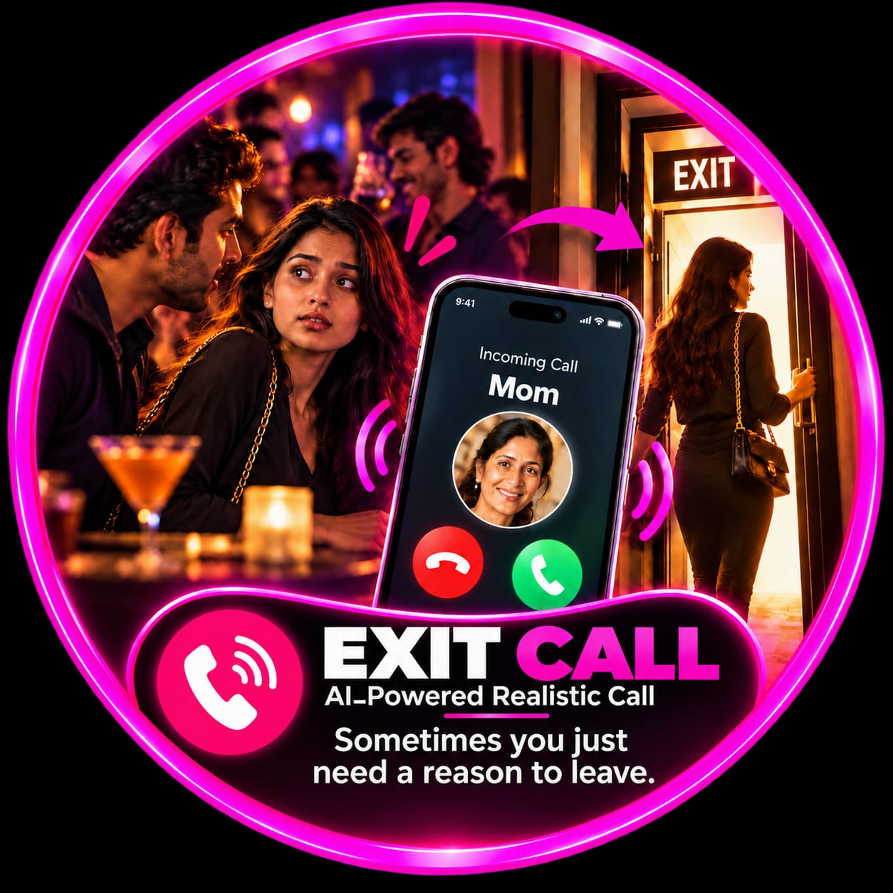 An illustrative incoming call provides a reason to leave an uncomfortable situation